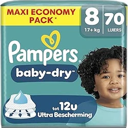 Verpakking Pampers Baby-Dry maat 8 met 70 luiers, Maxi Economy Pack en afbeelding van een kind