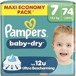 Verpakking Pampers baby-dry maat 7 met 74 luiers, teal design en lachend kind rechts