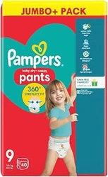 Verpakking Pampers Baby-Dry Pants maat 9 Jumbo+ Pack met rood en turquoise ontwerp, kind en 40 luierbroekjes.