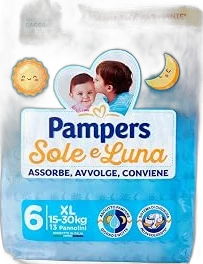 Blauw pak Pampers Sole e Luna XL maat 6 luiers met babyafbeelding en maanicoon