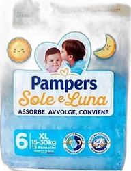 Pampers Sole e Luna XL maat 6 luierpak met 13 stuks Blauw pak Pampers Sole e Luna XL maat 6 luiers met babyafbeelding en maanicoon
