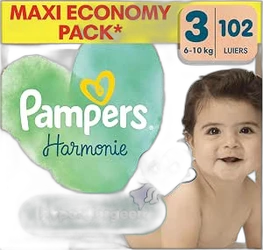Verpakking Pampers Harmonie maat 3 met babyfoto, 102 luiers en 6-10 kg aanduiding