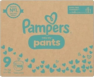 Kartonnen maandbox Pampers Baby-Dry Pants maat 9 met 108 luierbroekjes en turquoise hartjesdesign