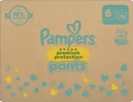 Kartonnen doos Pampers Premium Protection Pants maat 6 met turquoise logo en gekleurde hartjes