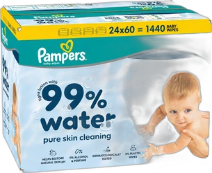Voordeelbox Pampers babydoekjes met 99% water, 24x60 stuks en babyafbeelding op lichtblauwe verpakking.