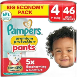 Verpakking Pampers Premium Protection Pants maat 4 met 46 luierbroekjes, babyfoto en rode gele accenten