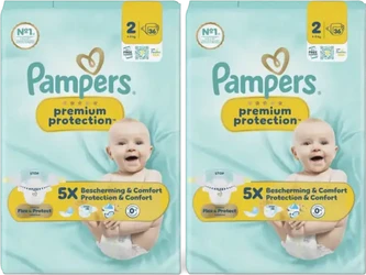 Twee verpakkingen Pampers Premium Protection maat 2 met babyafbeelding en 36 luiers per pak