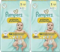 Twee verpakkingen Pampers Premium Protection maat 1 met babyafbeelding en 41 luiers per pak