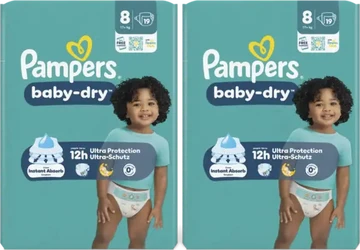 Twee turquoise Pampers Baby-Dry maat 8 verpakkingen met peuterafbeelding en 19 luiers per pak