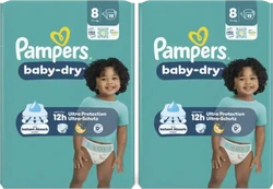 Twee turquoise Pampers Baby-Dry maat 8 verpakkingen met peuterafbeelding en 19 luiers per pak