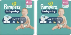 Twee turquoise pakken Pampers Baby-Dry maat 4 met babyafbeelding en 29 luiers per pak.