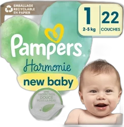 Pampers Harmonie New Baby maat 1 met 22 luiers, groene verpakking en lachende baby op zwarte achtergrond