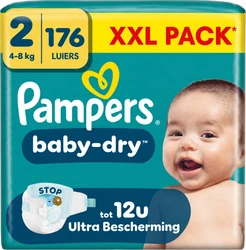 Pampers Baby-Dry maat 2 XXL pack met 176 luiers Pampers Baby-Dry verpakking maat 2 met 176 luiers, XXL Pack, babyfoto en turquoise gele verpakking