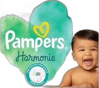 Pampers Harmonie logo naast een lachende baby op een donkere achtergrond
