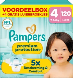 Voorkant van Pampers Premium Protection voordeelbox maat 4 met 120 luiers, babyfoto en luierillustratie