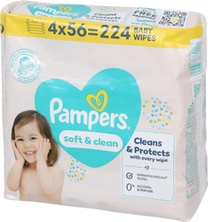 Verpakking Pampers Soft & Clean babydoekjes 4x56 met turquoise logo, gele band en afbeelding van kind.