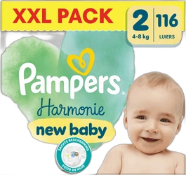Verpakking Pampers Harmonie New Baby maat 2 XXL Pack met 116 luiers en babyafbeelding