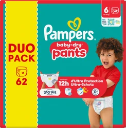Pampers Baby-Dry Pants maat 6 Duo Pack 62 stuks Verpakking Pampers Baby-Dry Pants maat 6 Duo Pack met 62 luierbroekjes en kind op de voorzijde