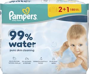 Verpakking Pampers Aqua Pure babydoekjes met 99 procent water, 3x60 doekjes en babyafbeelding