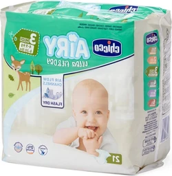 Verpakking Chicco Airy luiers maat 3 met babyfoto, hertje en 21 stuks aanduiding