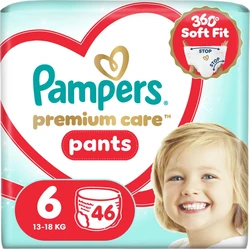 Verpakking Pampers Premium Care Pants maat 6, 13-18 kg, met 46 broekjes en 360 Soft Fit badge