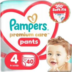 Verpakking Pampers Premium Care Pants maat 4 met 40 luierbroekjes, 9-14 kg en babyafbeelding