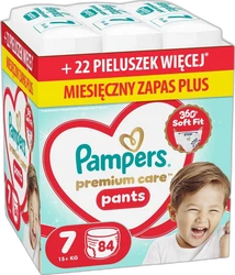 Verpakking Pampers Premium Care Pants maat 7 met 84 luierbroekjes en babyfoto op lichtblauwe doos