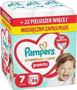 Verpakking Pampers Premium Care Pants maat 7 met 84 luierbroekjes en babyfoto op lichtblauwe doos