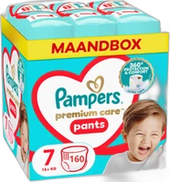 Turquoise Pampers Premium Care Pants maandbox maat 7 met 160 luierbroekjes en lachend kind op de verpakking