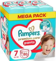 Verpakking Pampers Premium Care Pants maat 7 Mega Pack met 80 luierbroekjes en lachend kind