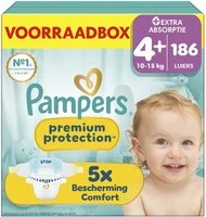 Pampers Premium Protection voorraadbox maat 4+ met baby Verpakking Pampers Premium Protection maat 4+ voorraadbox met 186 luiers en lachende baby