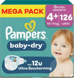 Verpakking Pampers Baby-Dry Mega Pack maat 4+ met 126 luiers, turquoise doos met babyfoto