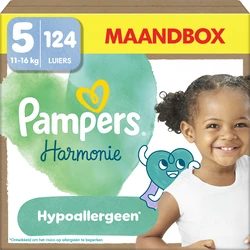 Verpakking Pampers Harmonie maandbox maat 5 met 124 luiers, 11-16 kg, babyfoto en hypoallergeen label.