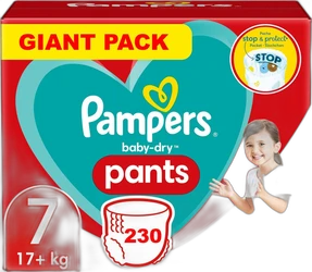 Pampers Baby-Dry Pants maat 7 Giant Pack met 230 stuks Rode Pampers Baby-Dry Pants verpakking maat 7 Giant Pack met 230 luierbroekjes en stop protect icoon
