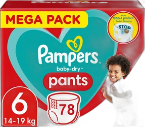 Pampers Baby-Dry Pants Mega Pack maat 6 met 78 broekjes Rode Pampers Baby-Dry Pants Mega Pack verpakking, maat 6, 14-19 kg, met 78 luierbroekjes.