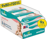 Verpakking Pampers Sensitive babydoekjes 9x80 met turquoise witte packs en gele 9x badge.