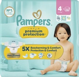 Turquoise Pampers Premium Protection verpakking maat 4 met babyafbeelding, 26 stuks en gele comfortbadge