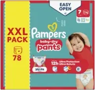 Pampers Baby-Dry Pants maat 7 XXL pack met 78 broekjes Verpakking Pampers Baby-Dry Pants maat 7 XXL pack met 78 luierbroekjes en afbeelding van kind.