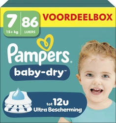 Voorkant van Pampers Baby-Dry voordeelbox maat 7 met 86 luiers, teal verpakking, geel label en kindergezicht.