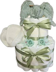 Witte luiertaart met mintgroene linten, bloemen en een zachte pluche olifant bovenop