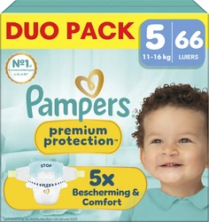 Verpakking Pampers Premium Protection Duo Pack maat 5 met 66 luiers, babyfoto en geel-turquoise ontwerp.