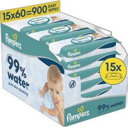 Doos Pampers babydoekjes 15x60 met turquoise verpakkingen en 99% water aanduiding
