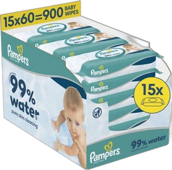 Doos Pampers babydoekjes 15x60 met turquoise verpakkingen en 99% water aanduiding