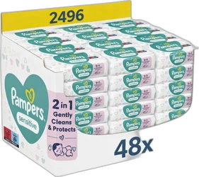 Displaydoos met 48 pakken Pampers Sensitive babydoekjes, witte verpakking met turquoise en roze details