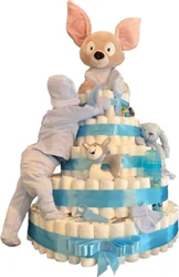Grote luiertaart met blauwe satijnen linten, pluche vos bovenop en babyaccessoires rondom