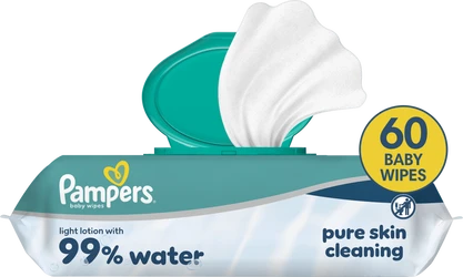 Pampers babydoekjes verpakking met open turquoise klep, wit doekje en gele 60 baby wipes badge.