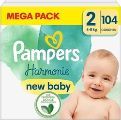 Verpakking Pampers Harmonie New Baby maat 2 mega pack met 104 luiers en lachende baby