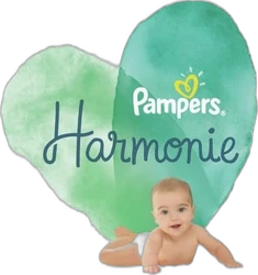Pampers Harmonie logo met groene aquarelvlakken en een kruipende baby op zwarte achtergrond