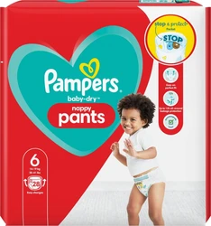 Pampers Baby-Dry Pants maat 6 met 28 luierbroekjes Rode Pampers Baby-Dry Pants verpakking maat 6 met 28 luierbroekjes en afbeelding van peuter