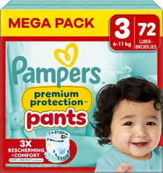 Pampers Premium Protection Pants maat 3 mega pack 72 stuks Verpakking Pampers Premium Protection Pants maat 3 mega pack met 72 luierbroekjes en baby op voorkant